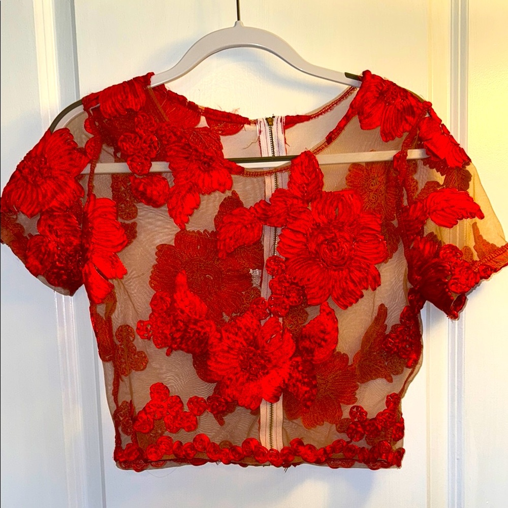 Elegant Red Floral Lace Blouse